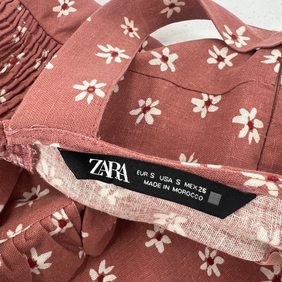 Zara Pink Floral Linen Blend Midi Dress Small Ruffle Button Front Slit Boho - Picture 3 of 8